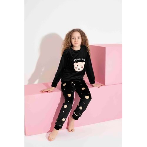 Tarık 10-15 Yaş Kız Çocuk Ayı Nakışlı Kadife Pijama Takımı 3122320 - SİYAH