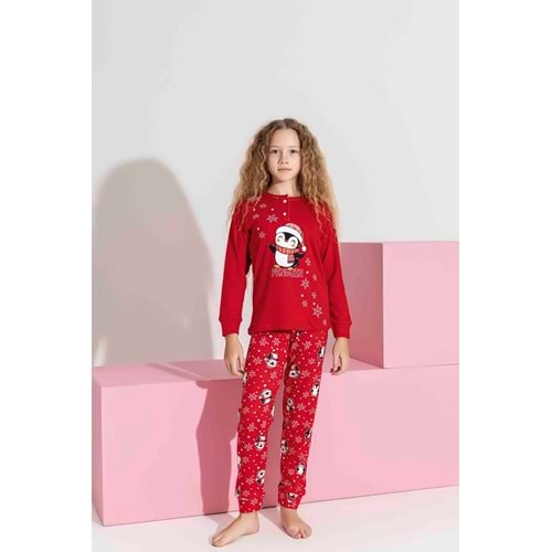 Tarık 5-9 Yaş Kız Çocuk Penguen Baskılı İnterlok Pijama Takımı 3191270 - KIRMIZI