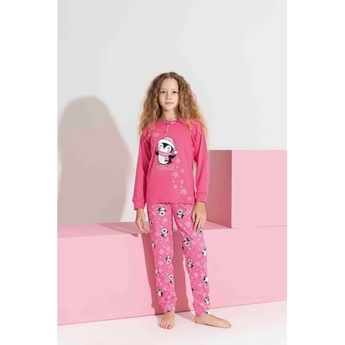 Tarık 5-9 Yaş Kız Çocuk Penguen Baskılı İnterlok Pijama Takımı 3191270 - KOYU PEMBE