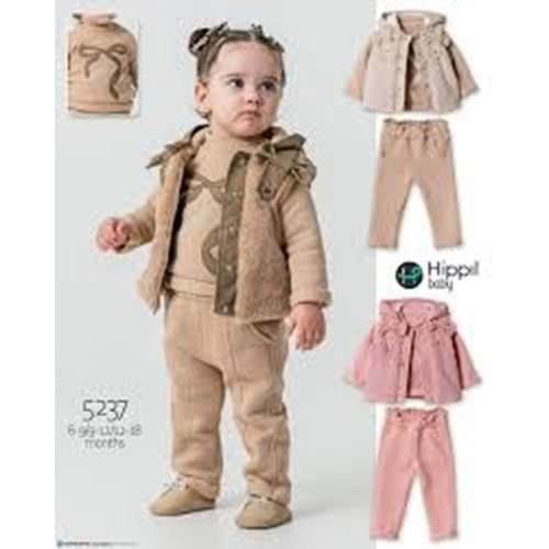 Hippıl Peluş Yelekli Kız 6-18 Aylık Üçlü Takım-5239672 - PEMBE