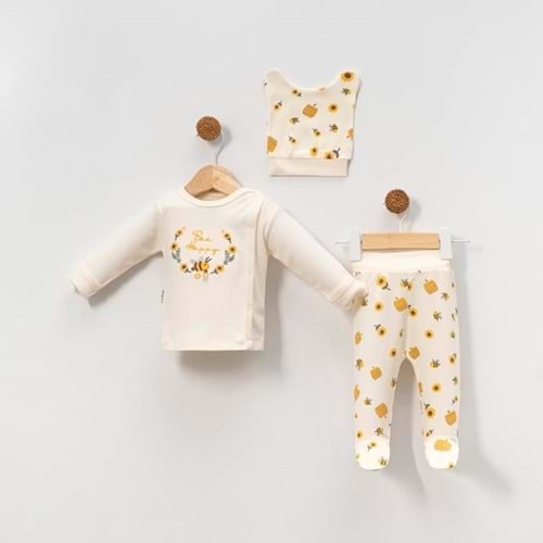 Babycan 9390 Arı Nakışlı Üçlü Yenidoğan Takım - KREM