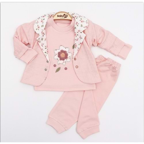 Babyim 1978 3-6-9 Kız Çiçekli Hırkalı Bebek Takım - PUDRA