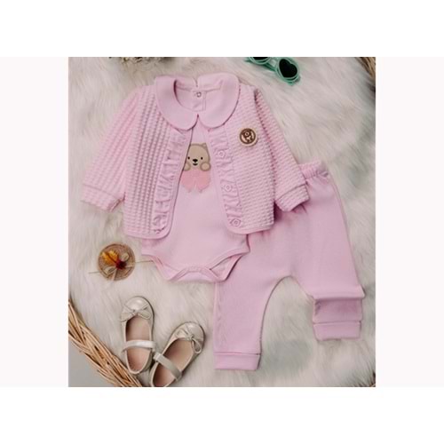 Mini Pakel 3-12 Aylık Kız Kapotineli Hırkalı Üçlü Takım-1389285 - PEMBE