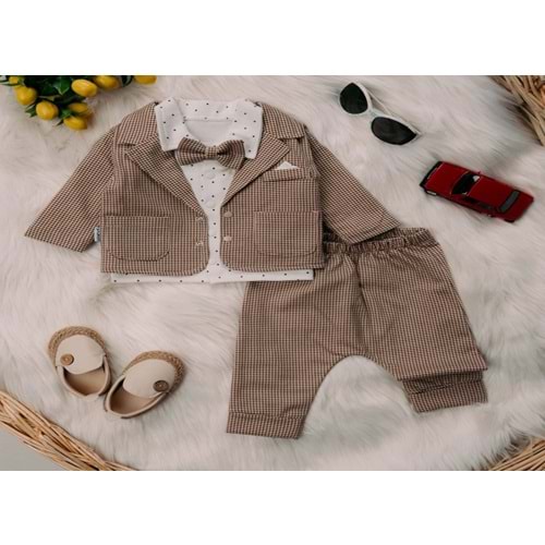 Mini Pakel 3-12 Aylık Erkek Mendilli Hırkalı Üçlü Takım-1385300 - AÇIK KAHVE