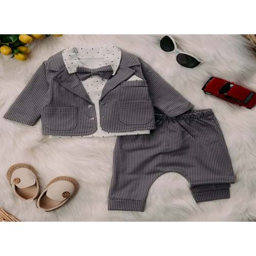 Mini Pakel 3-12 Aylık Erkek Mendilli Hırkalı Üçlü Takım-1385300 - FÜME