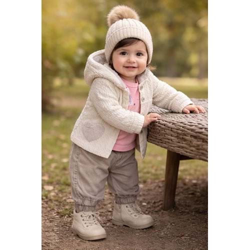Kumru Kız Kapşonlu Peluş Ceket 3 Lü Takım 6-18 Aylık-4469503 - KREM