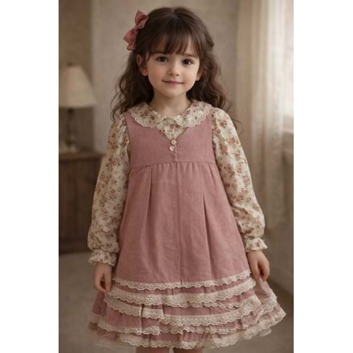 Kumru Çiçekli Etek Ucu Dantelli Kız Jile 2-5 Yaş-4444495 - GÜL KURUSU