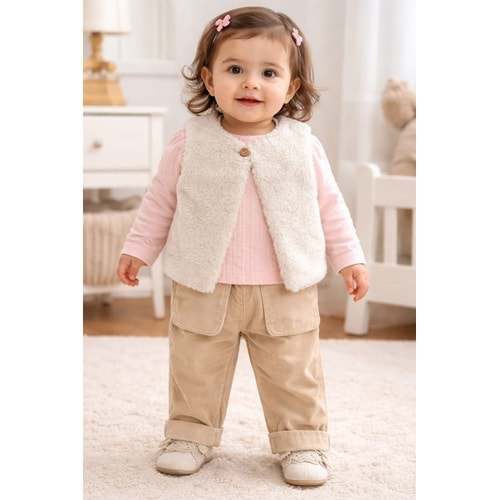 Kumru Çizgili Sweat Peluş Yelekli Kız 3 lü Takım 6-18 Aylık-4457342 - SOMON