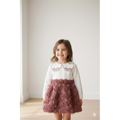 Lady Gold Lase Çiçekli İşlemeli Yaka Kız Takım 2-5 Yaş -6259422 - GÜL KURUSU