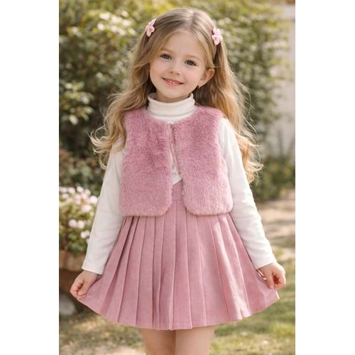 Lady Gold Peluş Yelekli Etekli Kız 3 Lü Takım 6-9 Yaş-6289556 - PEMBE