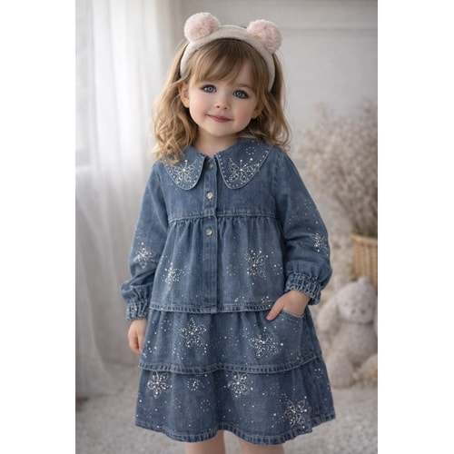 Papi Kelebek Taşlı Kot Elbise 4-12 Yaş-2113485 - MAVİ