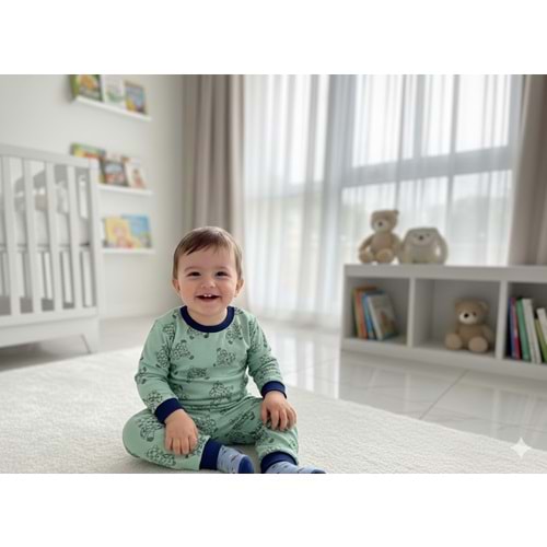 Miniworld Erkek 6-24 Aylık Ayıcık Baskılı Sıfır Yaka Pijama Takımı-18723136 - AÇIK YEŞİL
