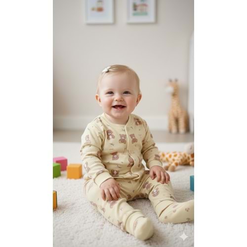 Miniworld Kız 6-24 Aylık Ayıcık Baskılı Çıtçıtlı Yaka Pijama Takımı-18728169 - SARI