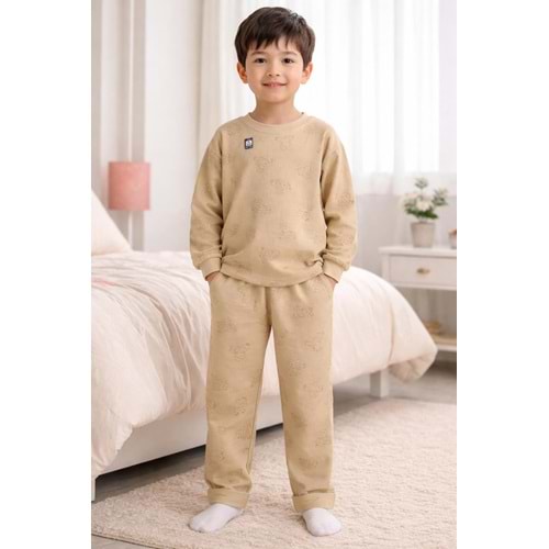 Miniworld Erkek 10-12 Yaş Ayıcık Baskılı Sıfır Yaka Pijama Takımı-19069299 - AÇIK KAHVE
