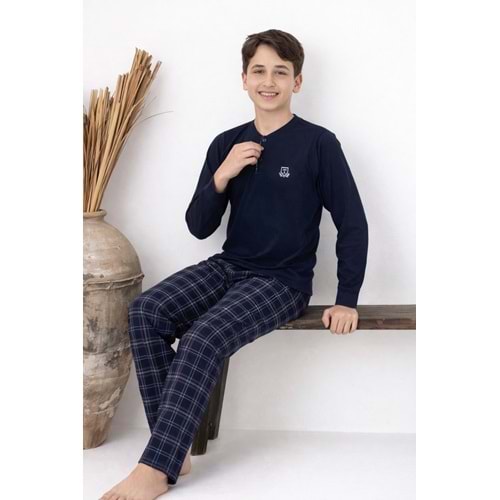 Tarık 11-16 Yaş Erkek Çocuk Pijama Takım T Armalı-4234310 - LACİVERT