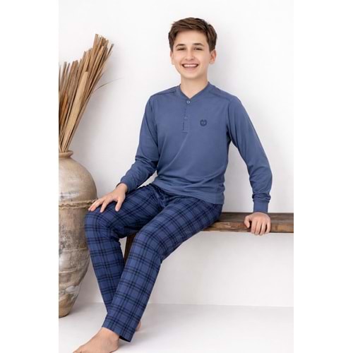 Tarık 11-16 Yaş Erkek Çocuk Pijama Takım T Armalı-4206310 - MAVİ