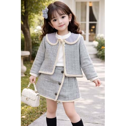 MixLife Yaka ve Ceketi Dantelli Şort Etekli 3 lü Takım 6-24 Aylık-6234370 - GRİ