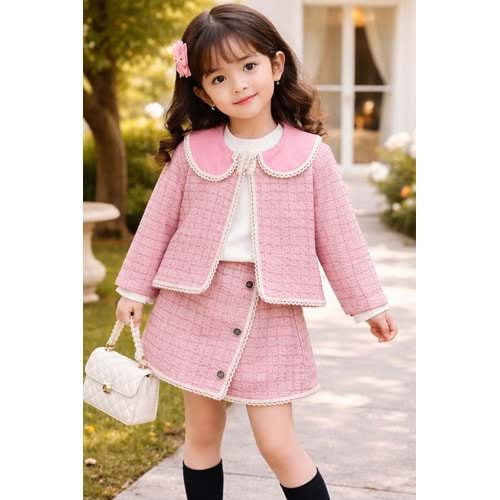 MixLife Yaka ve Ceketi Dantelli Şort Etekli 3 lü Takım 6-24 Aylık-6234370 - PEMBE