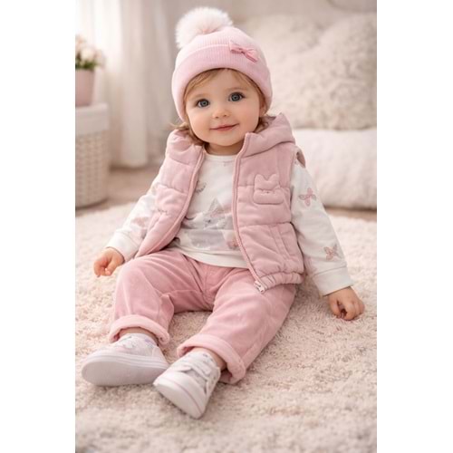 Wow Cepli Pantolon Şişirme Tavşanlı Kız Yelekli Takım 9-24 Aylık -451013360 - PUDRA
