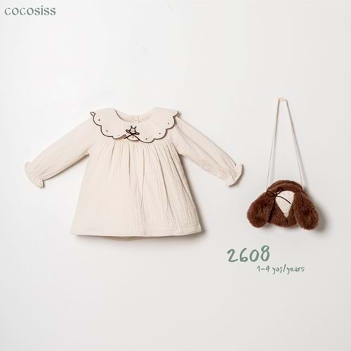 Cocosis Tavşan Nakışlı Çantalı Müslin Kız Elbise 1-4 Yaş -2608595 - KREM