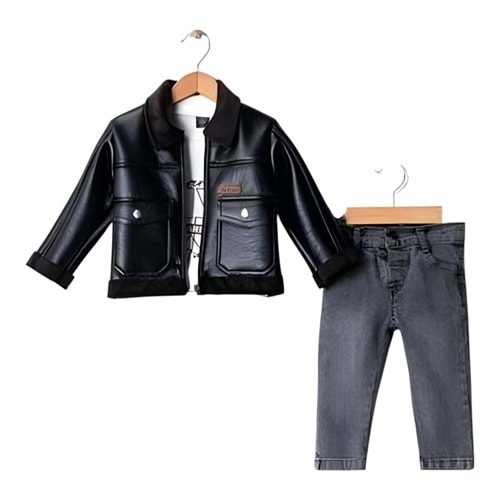 CanÖz Bebe Erkek Deri Ceketli 3 LÜ Takım 5-8 Yaş-3662950 - SİYAH