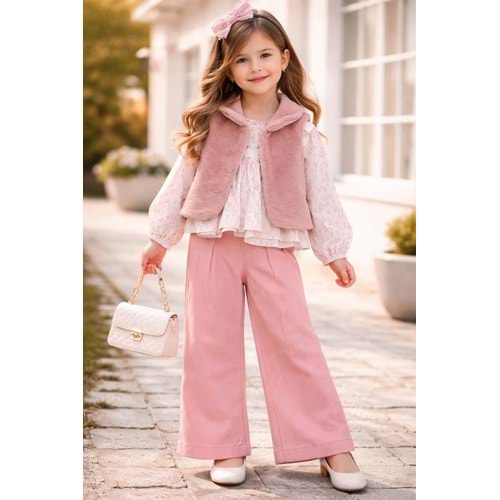 Bebiço Peluş Yelekli 3 Lü Kız Takım 2-5 Yaş -5545760 - PEMBE