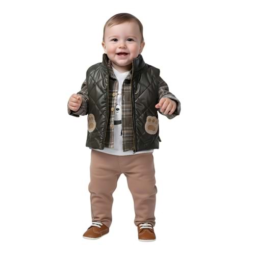 Canöz Bebe Şişme Yelekli Pati Nakışlı 3 Lü Erkek Takım 6-18 Aylık -5100819 - HAKİ YEŞİL