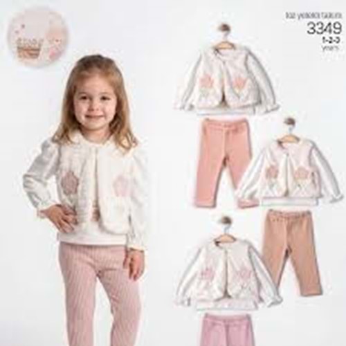 Elci Baby Peluş Yelekli Çiçek Detaylı Kız 3 Lü Takım 1-3 Yaş -3349325 - GÜL KURUSU