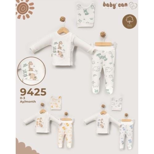 Babycan 9425 Erkek Zürafa Fil Desenli Üçlü Yenidoğan Takım - BEYAZ