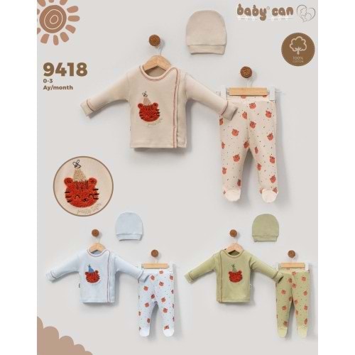 Babycan 9431 Erkek Şapkalı Aslan Desenli Üçlü Yenidoğan Takım - MAVİ