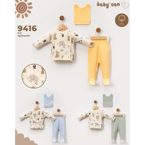 Babycan 9416 Erkek Hayvan Desenli Üçlü Yenidoğan Takım - KAHVERENGİ
