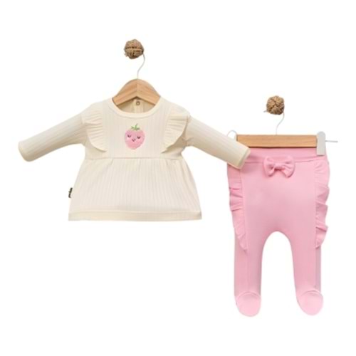 Babycan 9435 Kız Fırfırlı Çilek Desenli Üçlü Yenidoğan Takım - PEMBE