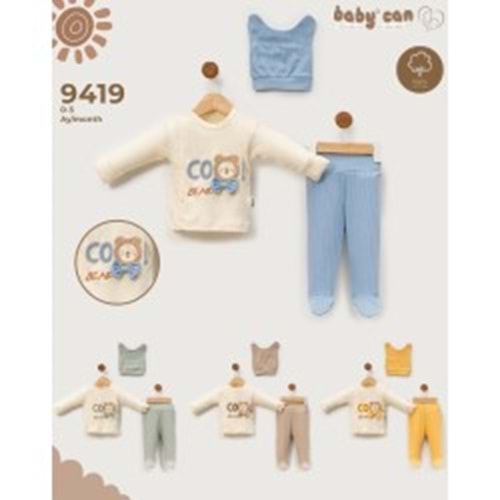 Babycan 9419 Erkek Cool Ayı Desenli Üçlü Yenidoğan Takım - SARI