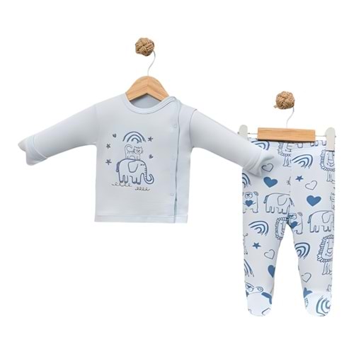 Babycan 9437 Kedi Fil Nakışlı Yenidoğan Üçlü Takım - MAVİ