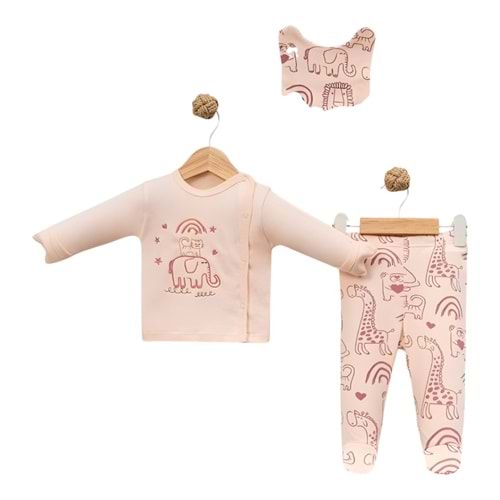 Babycan 9437 Kedi Fil Nakışlı Yenidoğan Üçlü Takım - PEMBE