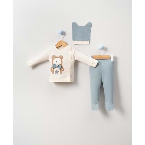 Babycan 9344 Erkek Ayıcık Nakışlı Yenidoğan Üçlü Takım - PETROL MAVİSİ