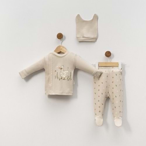 Babycan 9407 Kız Dantelli Ördek Baskılı Yenidoğan Üçlü Takım - KAHVERENGİ