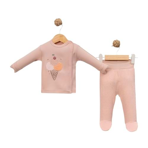Babycan 9443 Kız Dondurma Nakışlı Yenidoğan Üçlü Takım - GÜL KURUSU