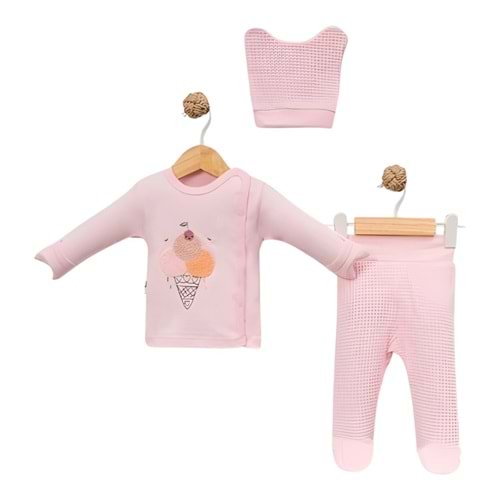 Babycan 9443 Kız Dondurma Nakışlı Yenidoğan Üçlü Takım - PEMBE