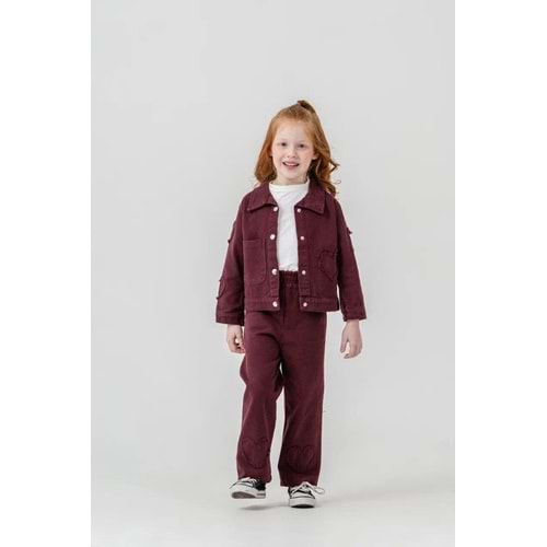 Harby Kids Kız Çiçek Desenli Keten Ceketli Pantolonlu 3 Lü Takım 3-10 Yaş -135670 - BORDO