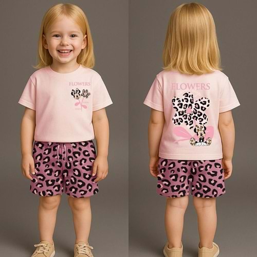 West Flowers Desenli Leoparlı Şortlu Kız 2 Li Takım 2-8 Yaş -8161240 - PEMBE