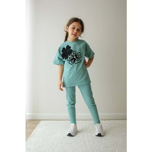 Jeliboom Çiçek Nakışlı Taytlı Kız 2 Li Takım 3-10 Yaş -6620220 - SU YEŞİLİ