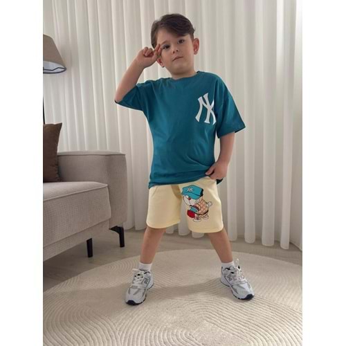 Jeliboom Baskılı Desenli Penye Şortlu Erkek Takım 3-10 Yaş -1015220 - PETROL MAVİSİ