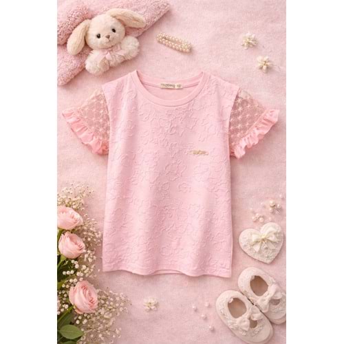 Pançiko Kendinden Çiçek Desenli Kız Tişört 5-12 Yaş -5100140 - AÇIK PEMBE