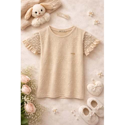 Pançiko Kendinden Çiçek Desenli Kız Tişört 5-12 Yaş -5100140 - BEJ