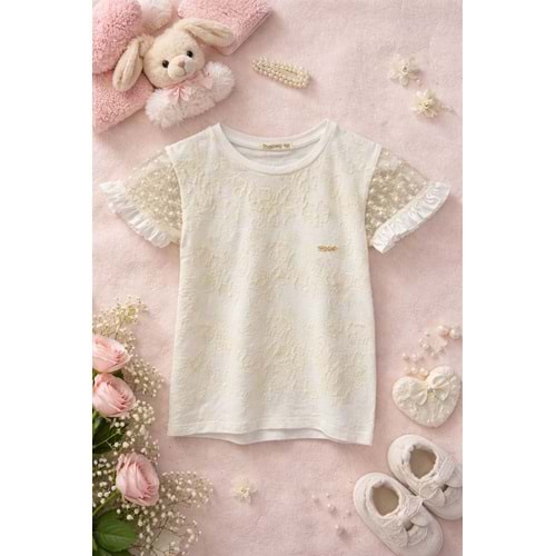 Pançiko Kendinden Çiçek Desenli Kız Tişört 5-12 Yaş -5100140 - KREM