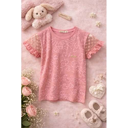 Pançiko Kendinden Çiçek Desenli Kız Tişört 5-12 Yaş -5100140 - PEMBE