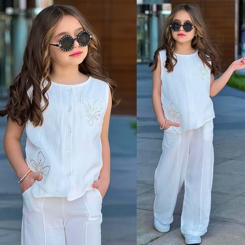 Bam Bam Çiçek Aksesuarlı Müslin Kız 2 li Takım5-14 Yaş -71141645 - BEYAZ