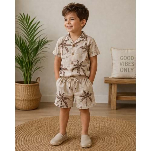 West Sky Müslin Kumaş Palmiye Desenli Şortlu Erkek 2 li Takım 3-10 Yaş -8443400 - KAHVERENGİ