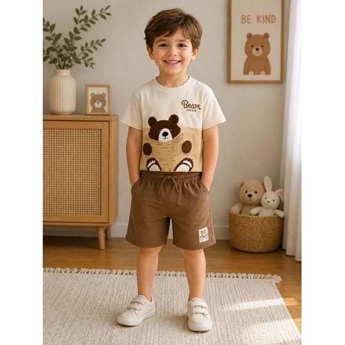 West Sky Ayıcık Baskılı Bear Nakışlı Penye Şortlu Takım 3-10 Yaş -8188240 - KAHVERENGİ